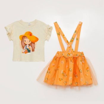 Ensemble t-shirt et jupe tutu dos à bretelle croisé-Orange-Lc waikiki