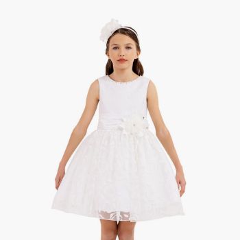 Robe de cérémonie fille et barrette assortie - Blanc - Pamina 