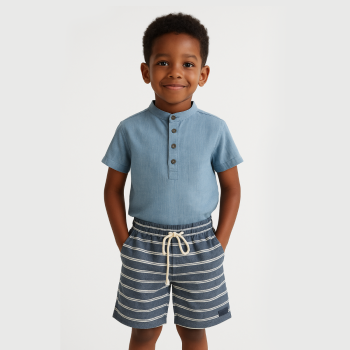 Ensemble chemise lin cassé et bermuda - Bleu - Quimby