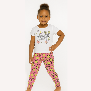 Ensemble t-shirt et collant weekend mood - Rose fluor/Blanc - Bee Loop