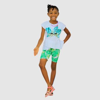 Ensemble fille T-shirt et bermuda - Vert/blanc - Quimby