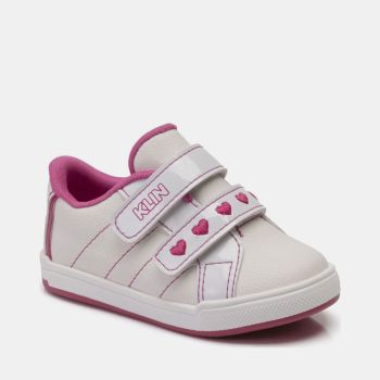 Baskets bébé fille motifs cœurs double scratch - Blanc/rose - Klin