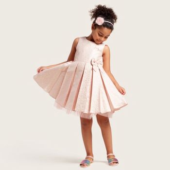 Robe de cérémonie fille jacquard à motifs dorés - Rose - Eligo