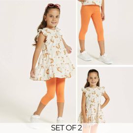 Ensemble robe + collant à motifs licorne- Orange/beige - Juniors